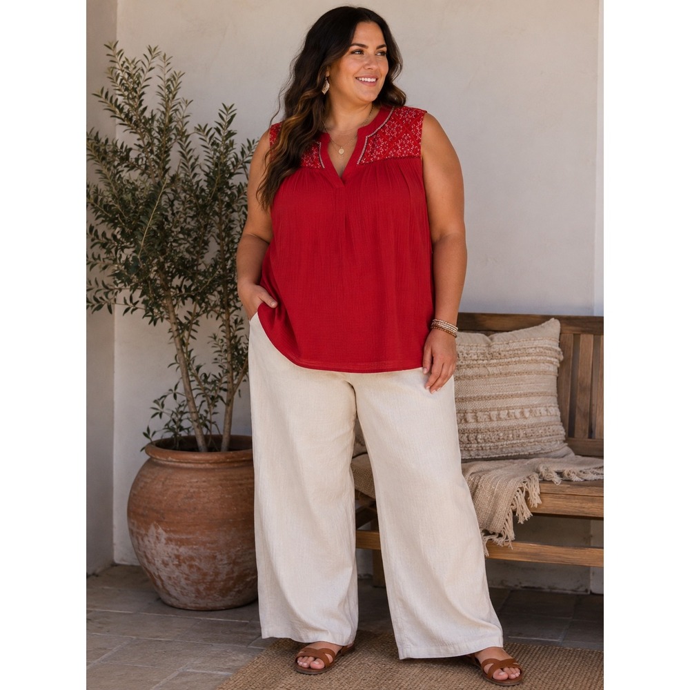 Knox Rose Red Embroidered Sleeveless Boho Blouse Plus Size 3X New